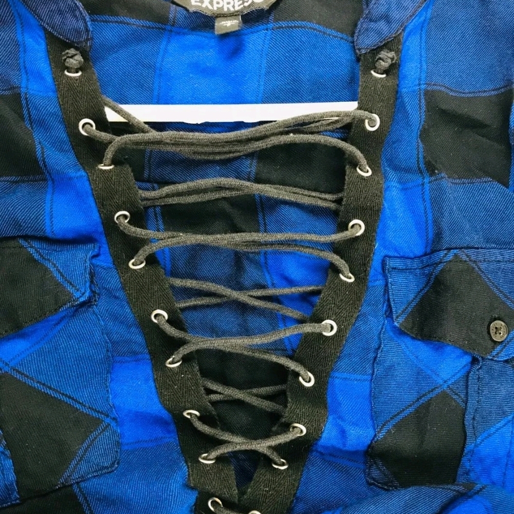 Express Blue and Black Plaid Lace-Up Top